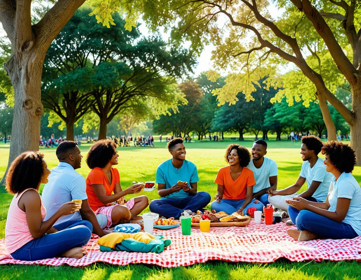 A vibrant and heartwarming scene of diverse individuals gathered in a park, laughing and sharing stories, symbolizing community engagement. Include elements like a picnic blanket, children playing, and people of different ages and backgrounds interacting. The background features lush green trees and a sunset sky to evoke warmth and togetherness. super-realistic. vibrant colors. warm tones.
