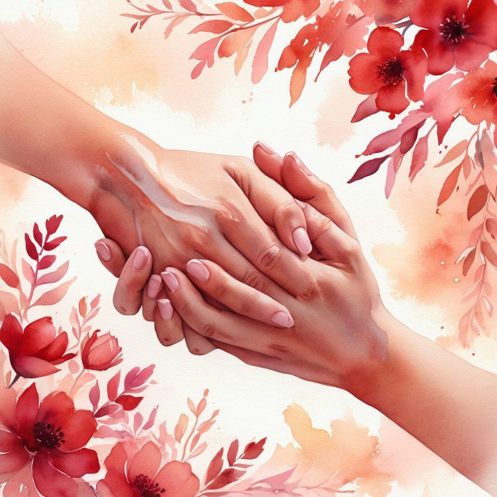 A close-up of intertwined hands conveying warmth and love, surrounded by soft petals that symbolize tenderness. In the background, a soft glow emanates, representing passion and devotion. Incorporate rich hues of red and pink to evoke emotion, while hints of sunlight filter through to symbolize hope and connection. The style should be a dreamy watercolor effect, creating a romantic atmosphere.