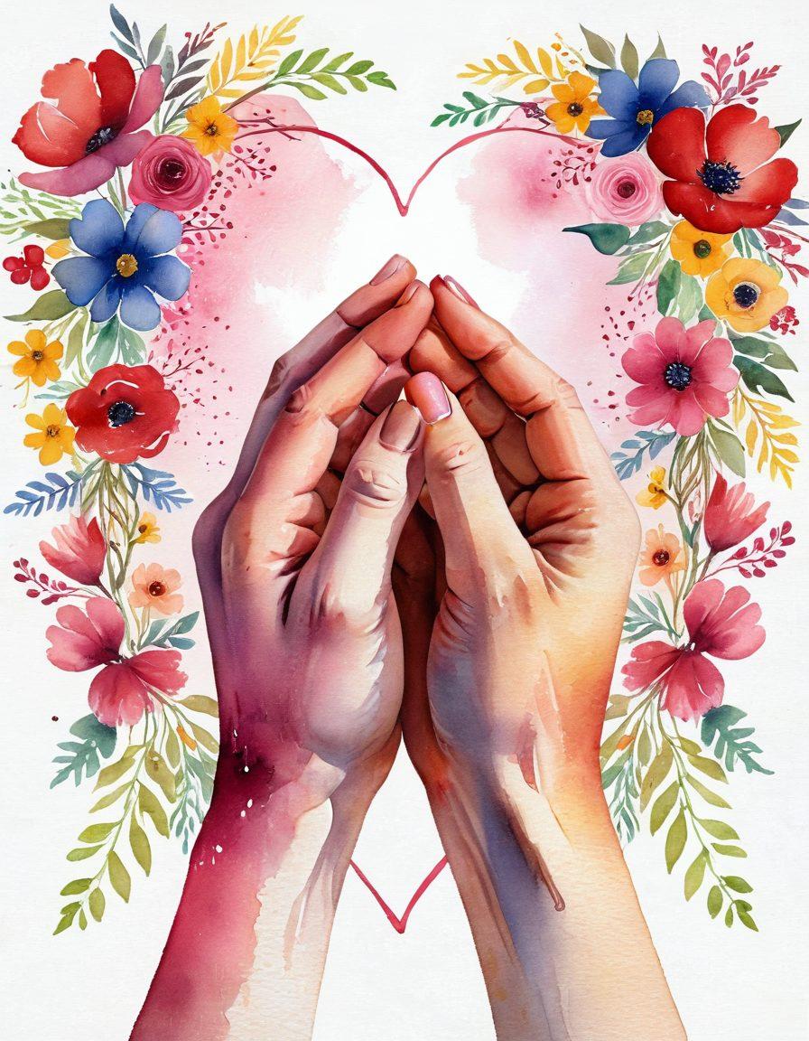 A warm, inviting scene featuring intertwined hands symbolizing affection, surrounded by colorful threads connecting hearts and flowers in the background, highlighting connection and devotion. Soft, diffused lighting enhances the tender atmosphere, while diverse elements represent various relationships. The color palette should evoke feelings of love and warmth. watercolor painting. vibrant colors.